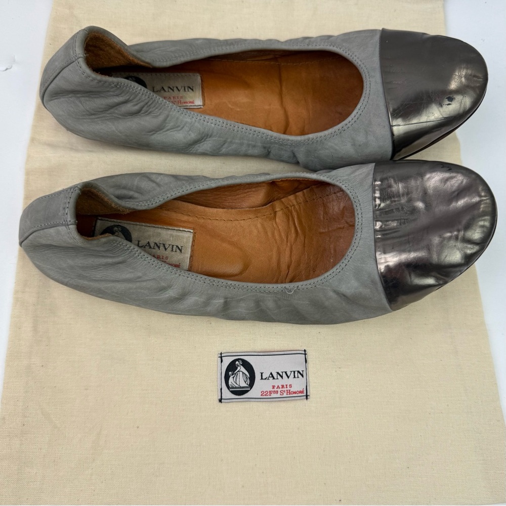 LANVIN Cap-Toe Gray Calfskin Suede Ballerina Flat